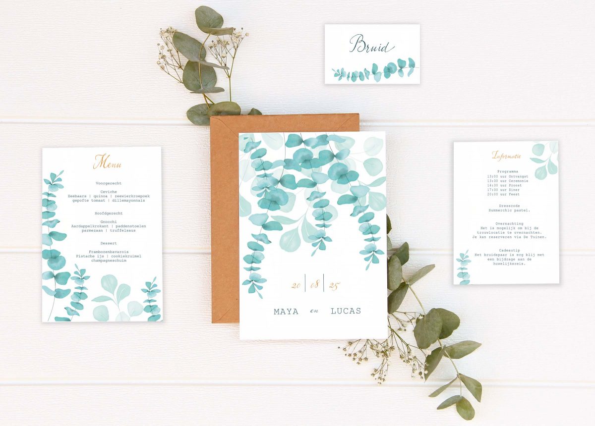 Duurzame trouwkaart met eucalyptus door Hannah Illustreert