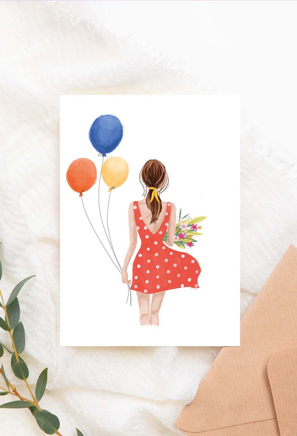 Wenskaartje verjaardag met ballonnen. Hannah Illustreert collectie 2022.
