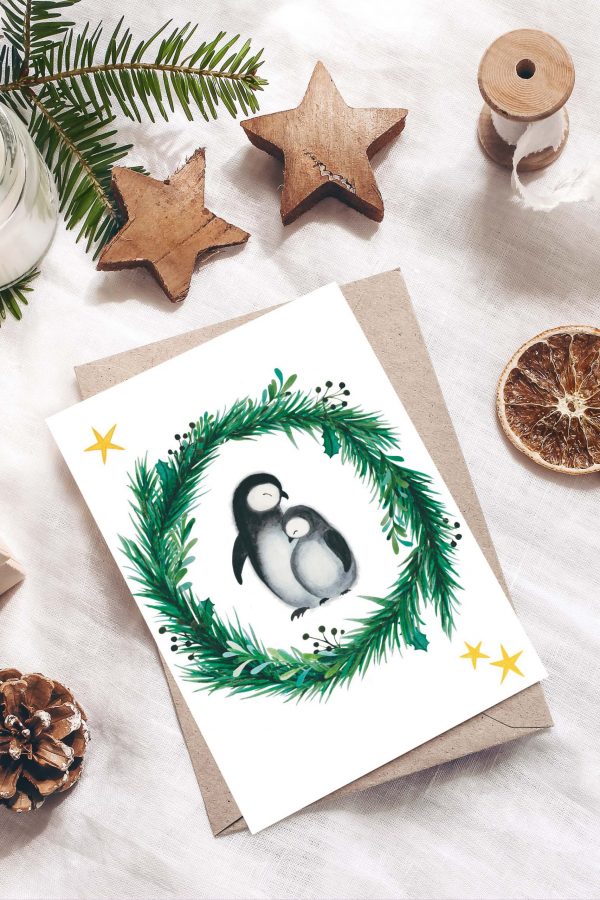 Kerstkaart twee pinguïns. Collectie Hannah Illustreert 2022