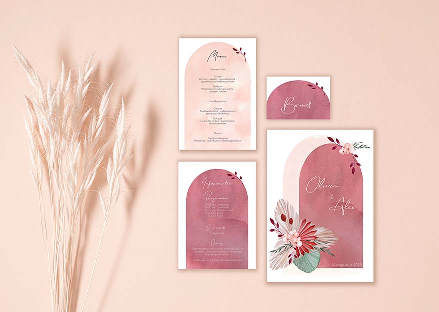 Duurzame trouwkaart in boho stijl met droogbloemen door Hannah Illustreert
