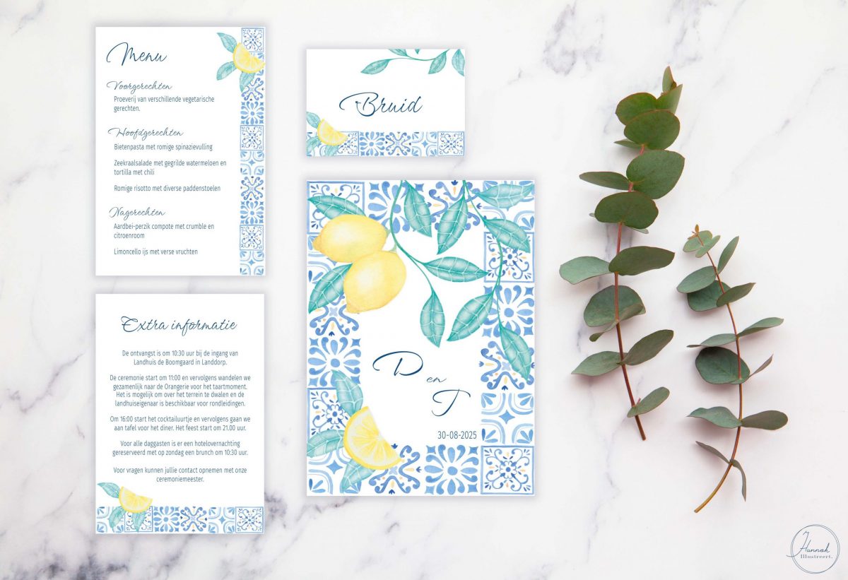 Trouwkaart, trouwpakket met aquarelschildering, citroenen, mediterraanse tegels. Zomerse bruiloft