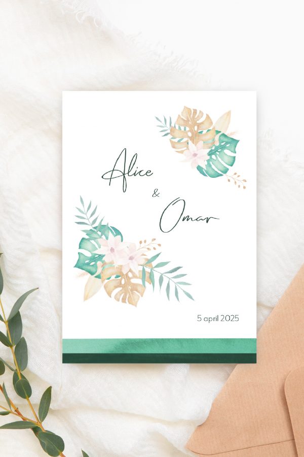 Tropische trouwkaart met aquarel illustraties van bloemen en planten