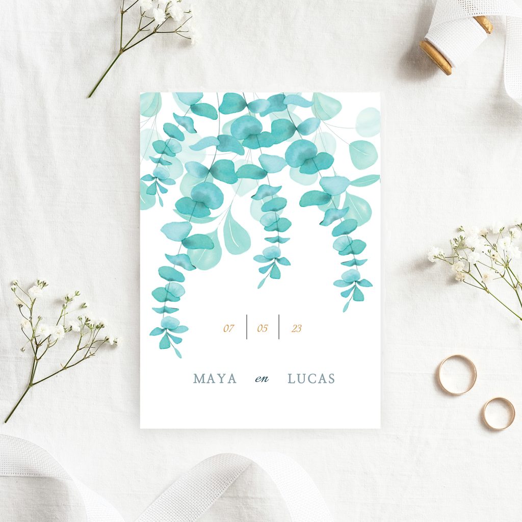 Duurzame trouwkaart met eucalyptus door Hannah Illustreert