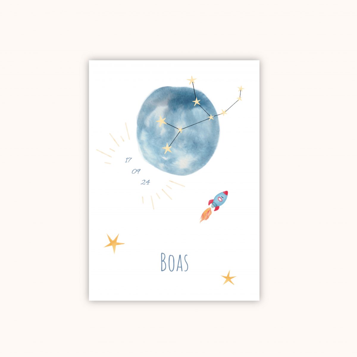 Geboortekaartje met aquarel maan en sterrenbeeld