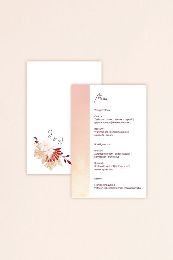 Menukaart met warme tinten voor de bruiloft, passend bij de trouwkaart met droogbloemen.