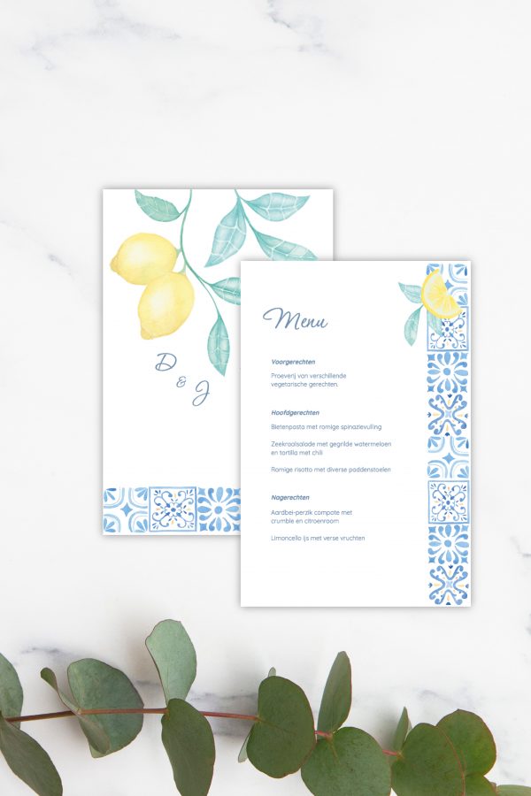 Bruiloft menukaart met citroenen en mediterraanse tegeltjes door Hannah Illustreert