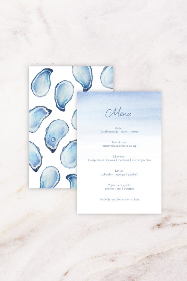 Menukaart passend bij de trouwkaart met aquarelschildering van oesters.
