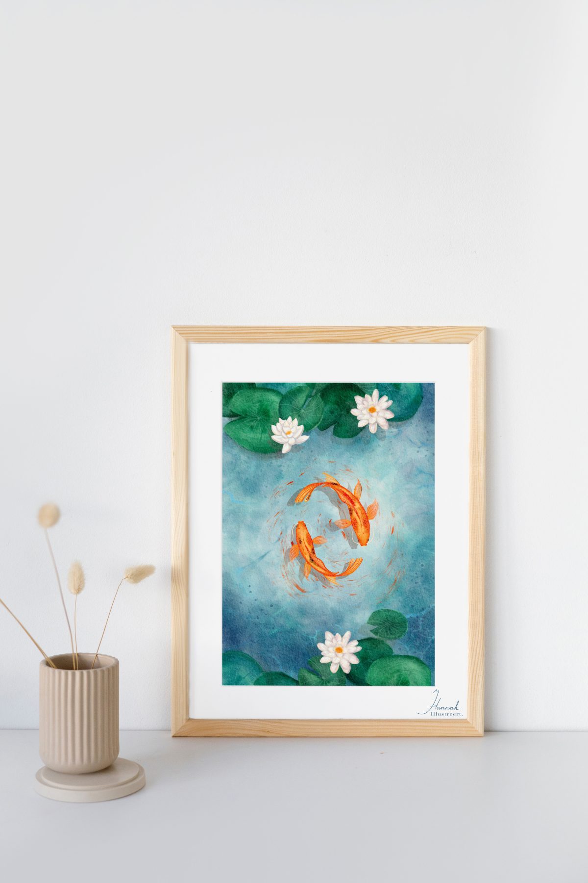 Art print aquarel schildering van Koi Vissen met waterlelies.