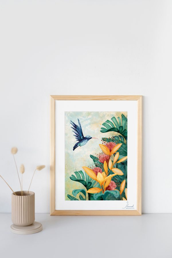 Art print van een kolibrie met tropische bloemen. Hannah Illustreert